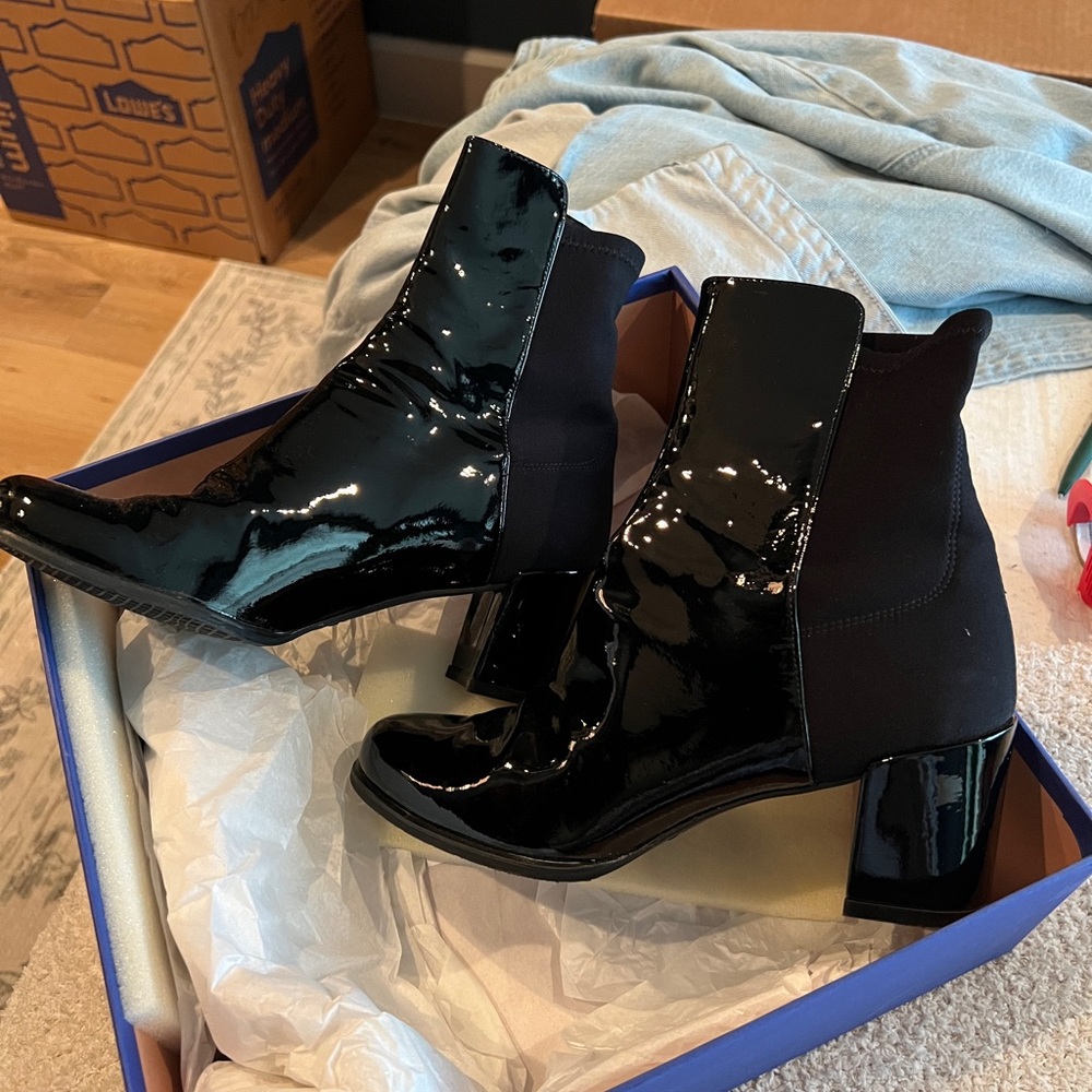 Stuart Weitzman Black Patent Leather Ankle Boots - Picture 2 of 4